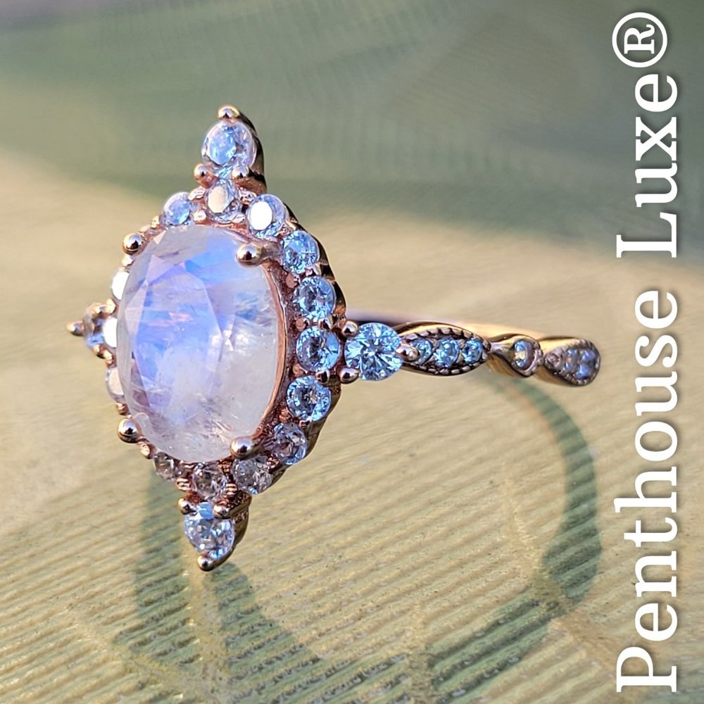REAL Moonstone Radiant Oval Cut Halo Ring - Picture 3 of 9